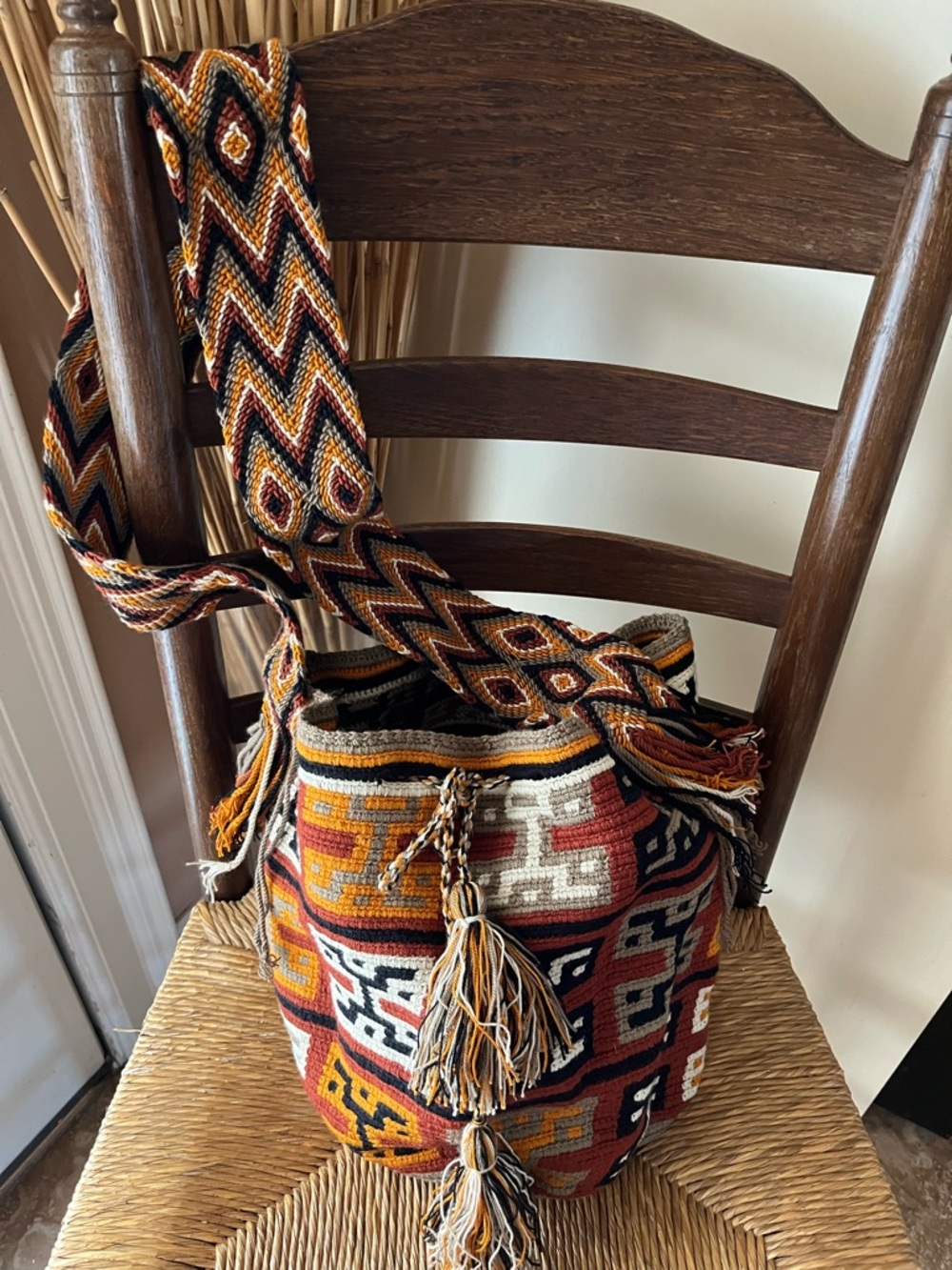 Authentic Wayuu Mochila Handwoven Crochet Bag Earthy Boho Geometric